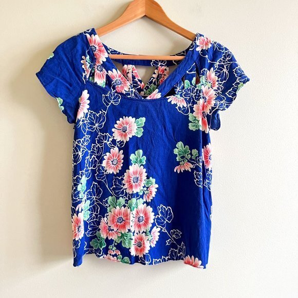 MAEVE By Anthropologie Floral Cutout Blouse Top Womens Sz 4 V Neck Short Sleeve - Picture 3 of 7